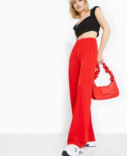 Pantalon Palazzo En Maille Texturée Effet Rayé - Rouge