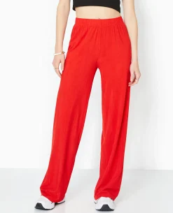 Pantalon Palazzo En Maille Texturée Effet Rayé - Rouge
