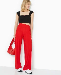 Pantalon Palazzo En Maille Texturée Effet Rayé - Rouge