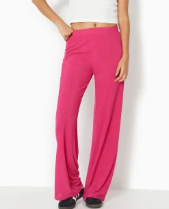 Pantalon Palazzo En Maille Texturée Affet Rayé - Rose Poudré