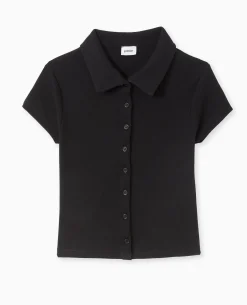 Polo Court Boutonnée En Maille Côtelée - Noir
