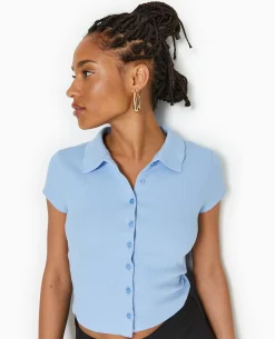 Polo Court Boutonnée En Maille Côtelée - Bleu