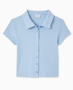 Polo Court Boutonnée En Maille Côtelée - Bleu