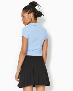 Polo Court Boutonnée En Maille Côtelée - Bleu