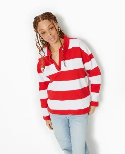 Polo Rayé Oversize Manches Longues - Rouge