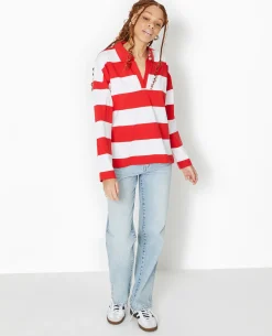 Polo Rayé Oversize Manches Longues - Rouge