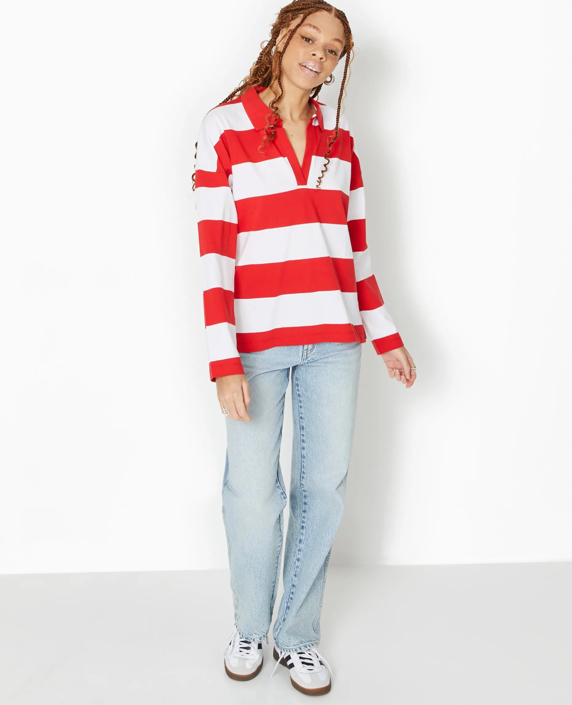 Polo Rayé Oversize Manches Longues - Rouge