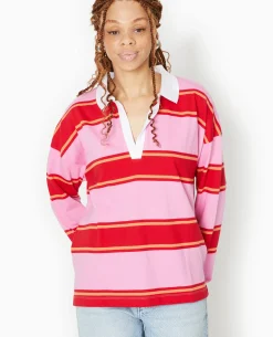 Polo Rayé Oversize Manches Longues - Rose