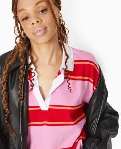 Polo Rayé Oversize Manches Longues - Rose