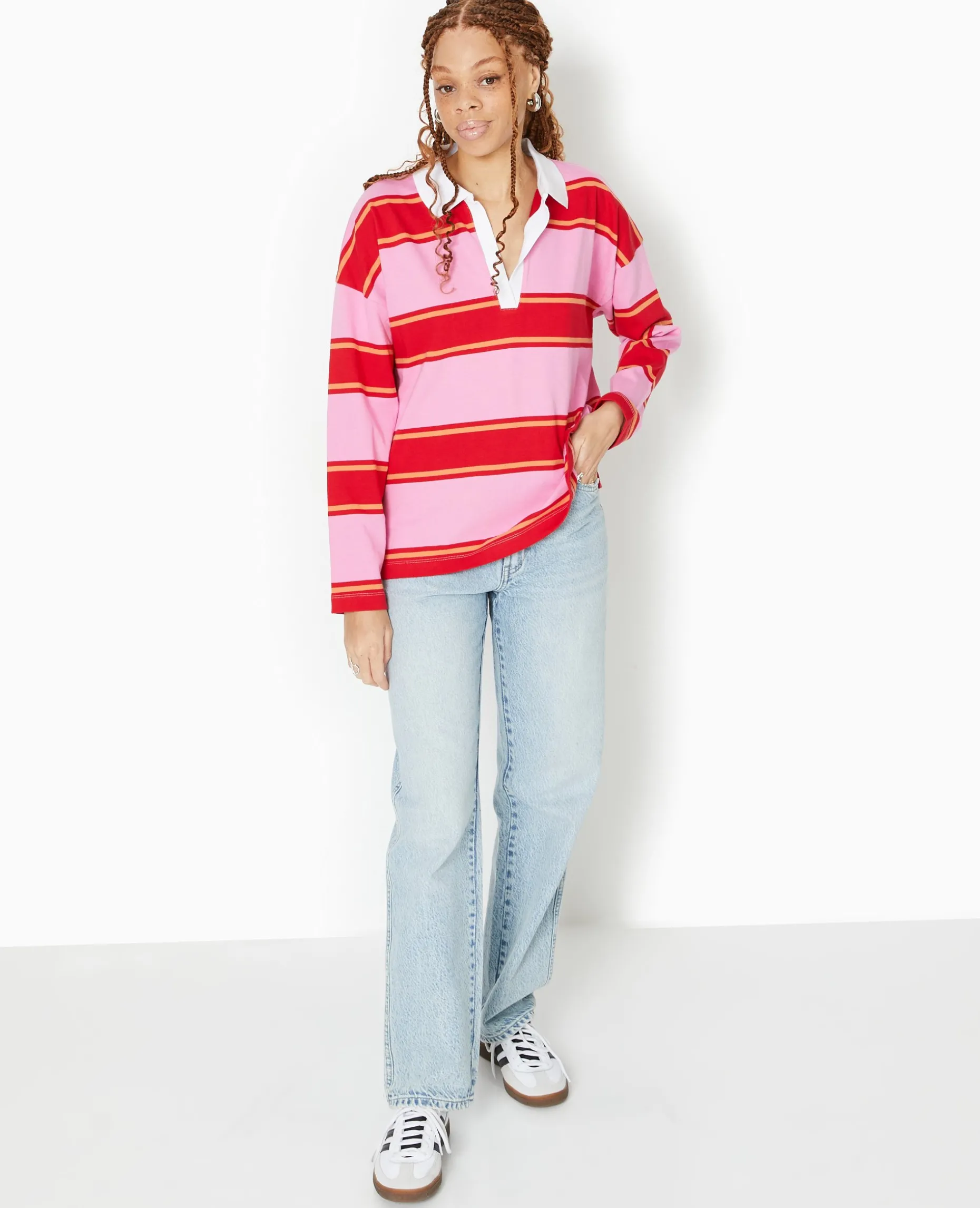 Polo Rayé Oversize Manches Longues - Rose