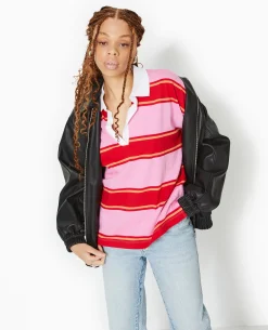 Polo Rayé Oversize Manches Longues - Rose