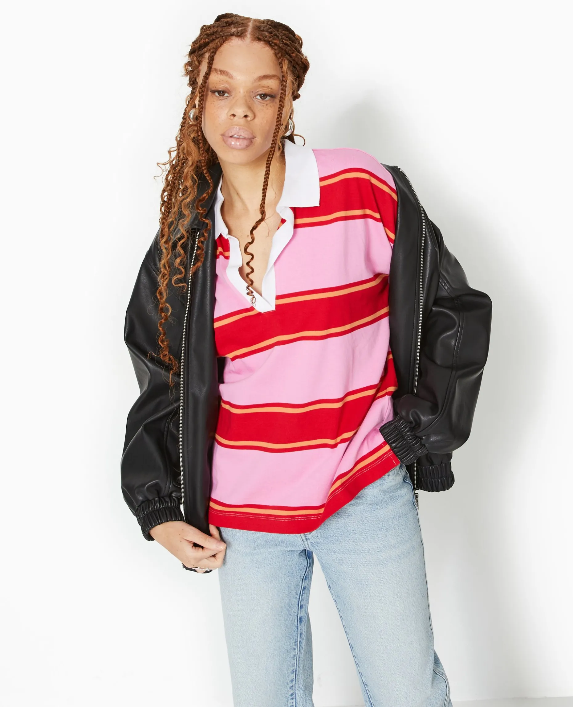 Polo Rayé Oversize Manches Longues - Rose