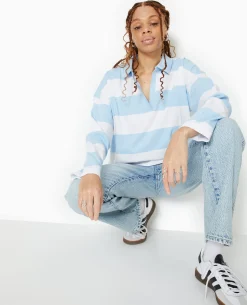 Polo Rayé Oversize Manches Longues - Bleu Clair