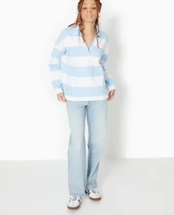 Polo Rayé Oversize Manches Longues - Bleu Clair