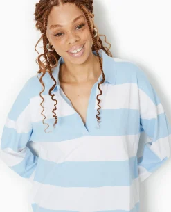 Polo Rayé Oversize Manches Longues - Bleu Clair