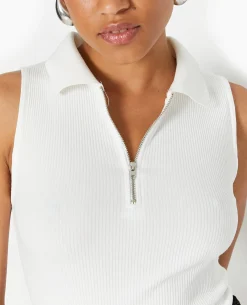 Polo Zippé Sans Manches En Maille Côtelée - Blanc