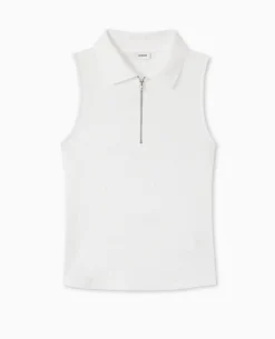 Polo Zippé Sans Manches En Maille Côtelée - Blanc