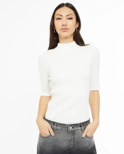 Pull Col Montant Manches Courtes - Blanc