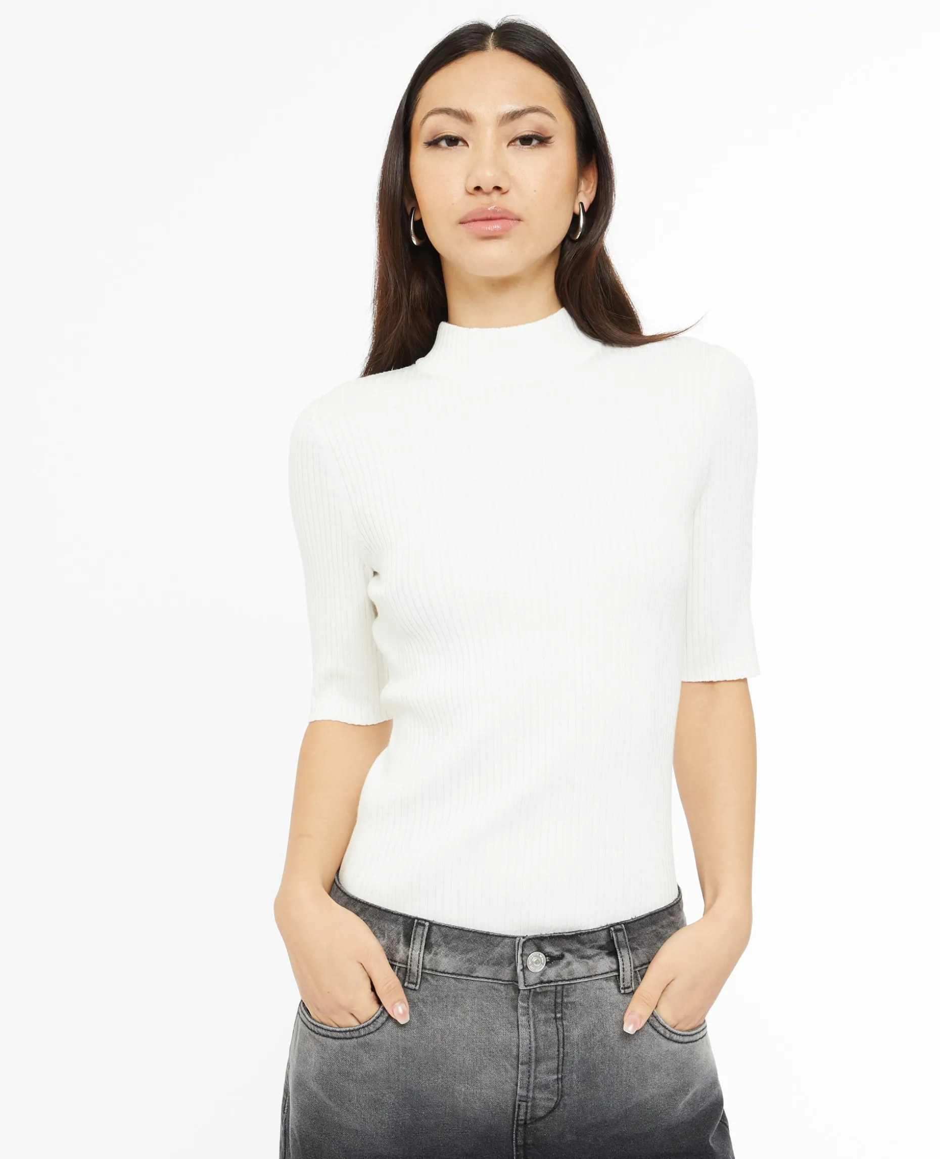 Pull Col Montant Manches Courtes - Blanc