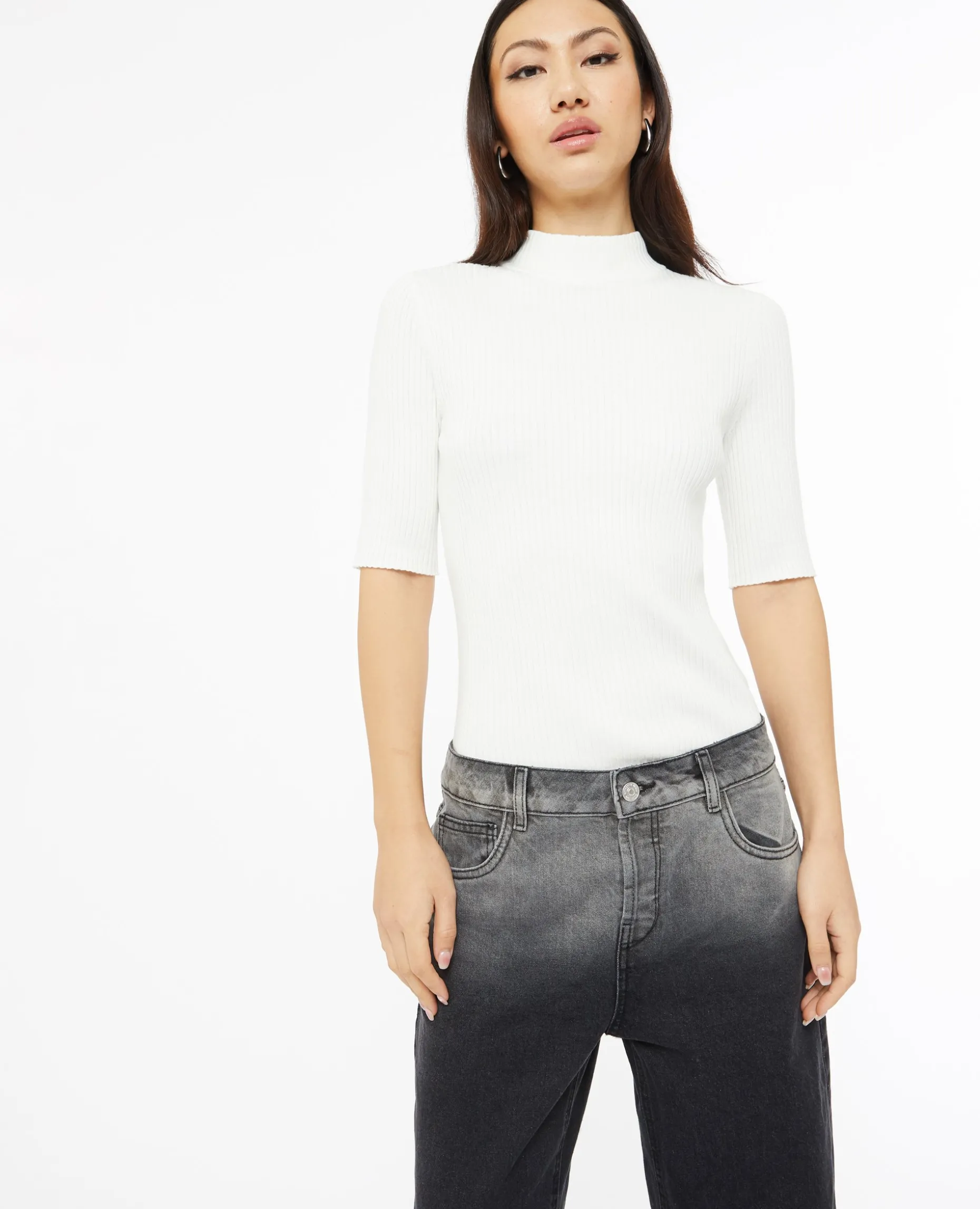 Pull Col Montant Manches Courtes - Blanc