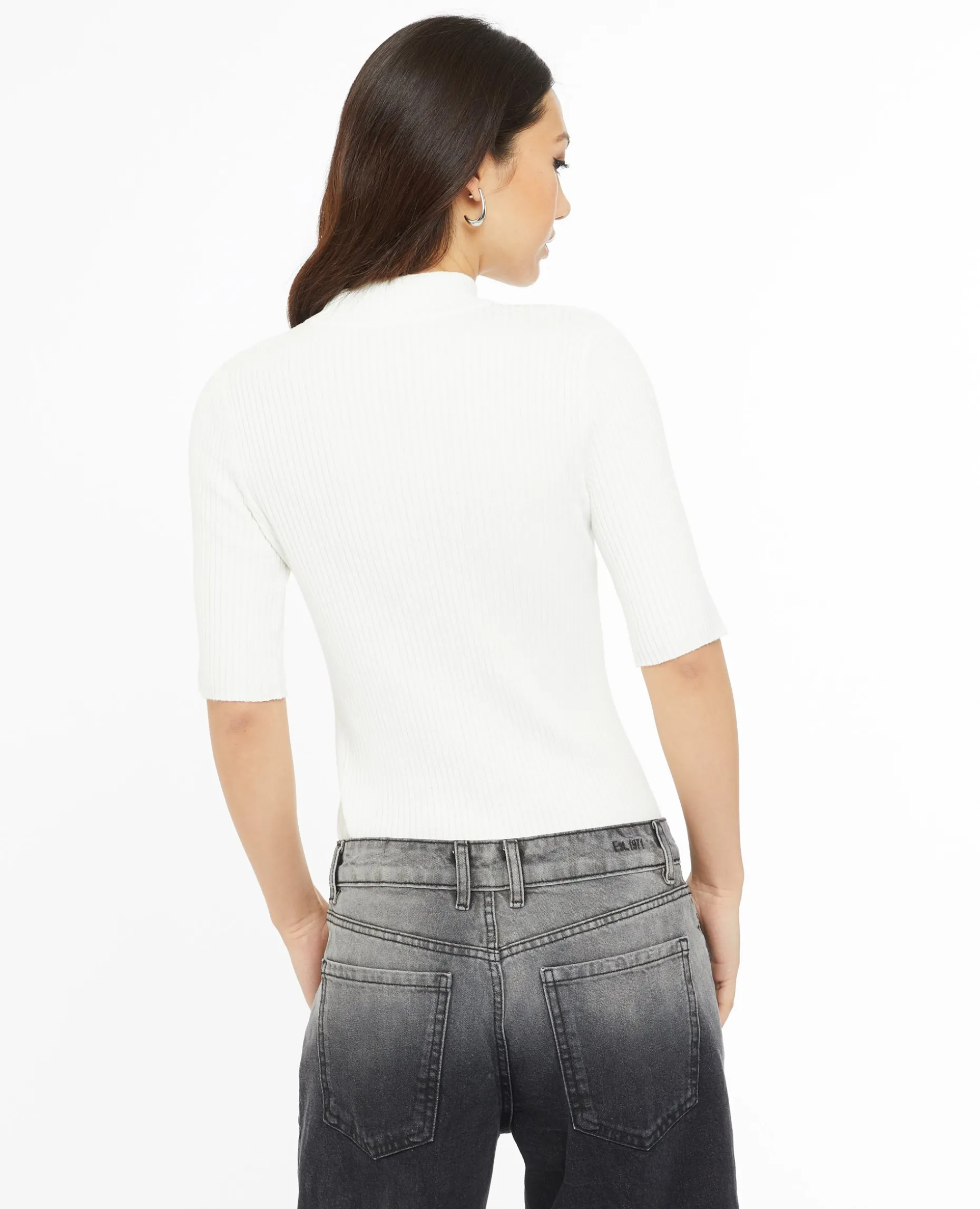 Pull Col Montant Manches Courtes - Blanc