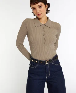 Pull Col Polo En Maille Côtelée - Beige