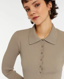 Pull Col Polo En Maille Côtelée - Beige