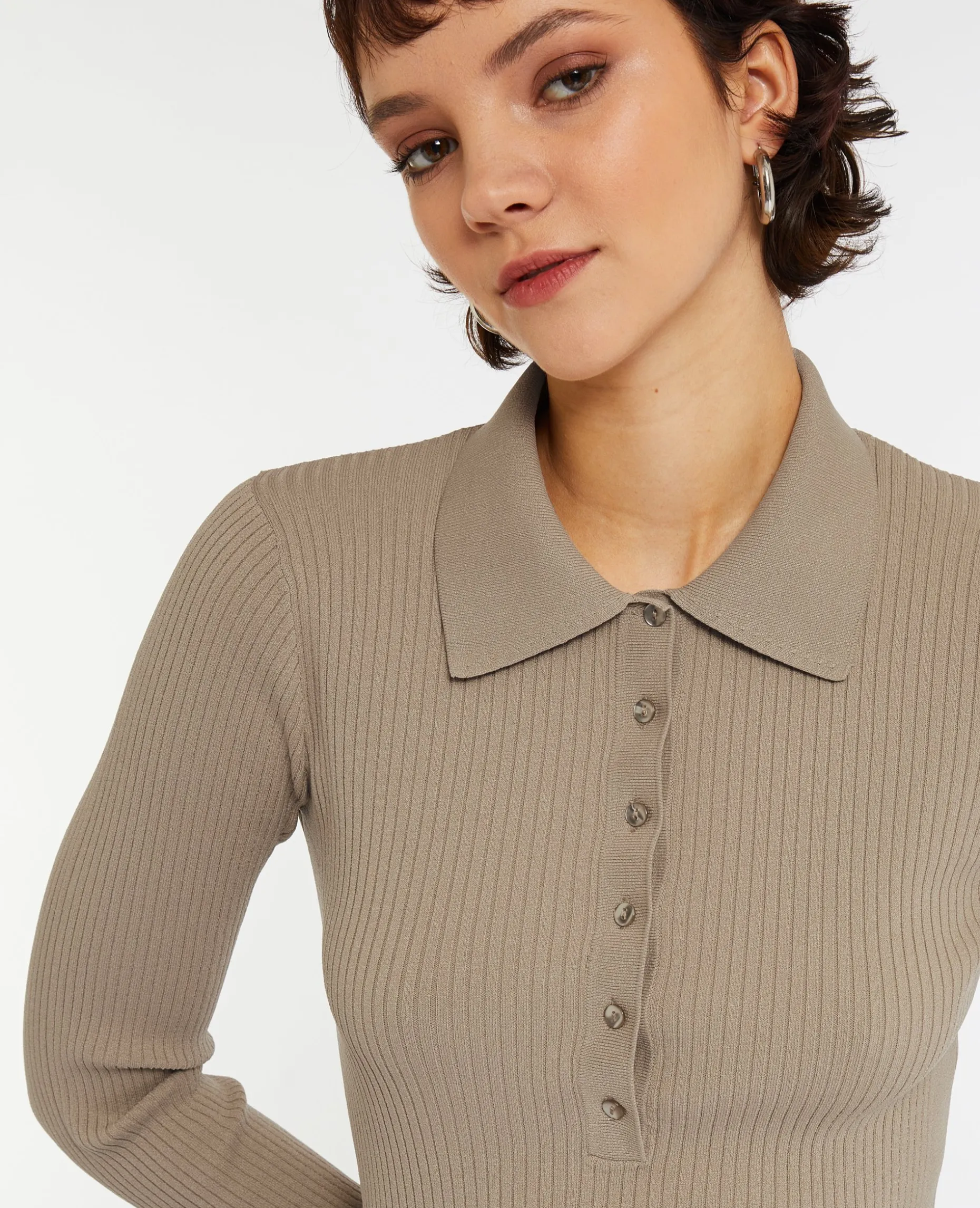 Pull Col Polo En Maille Côtelée - Beige