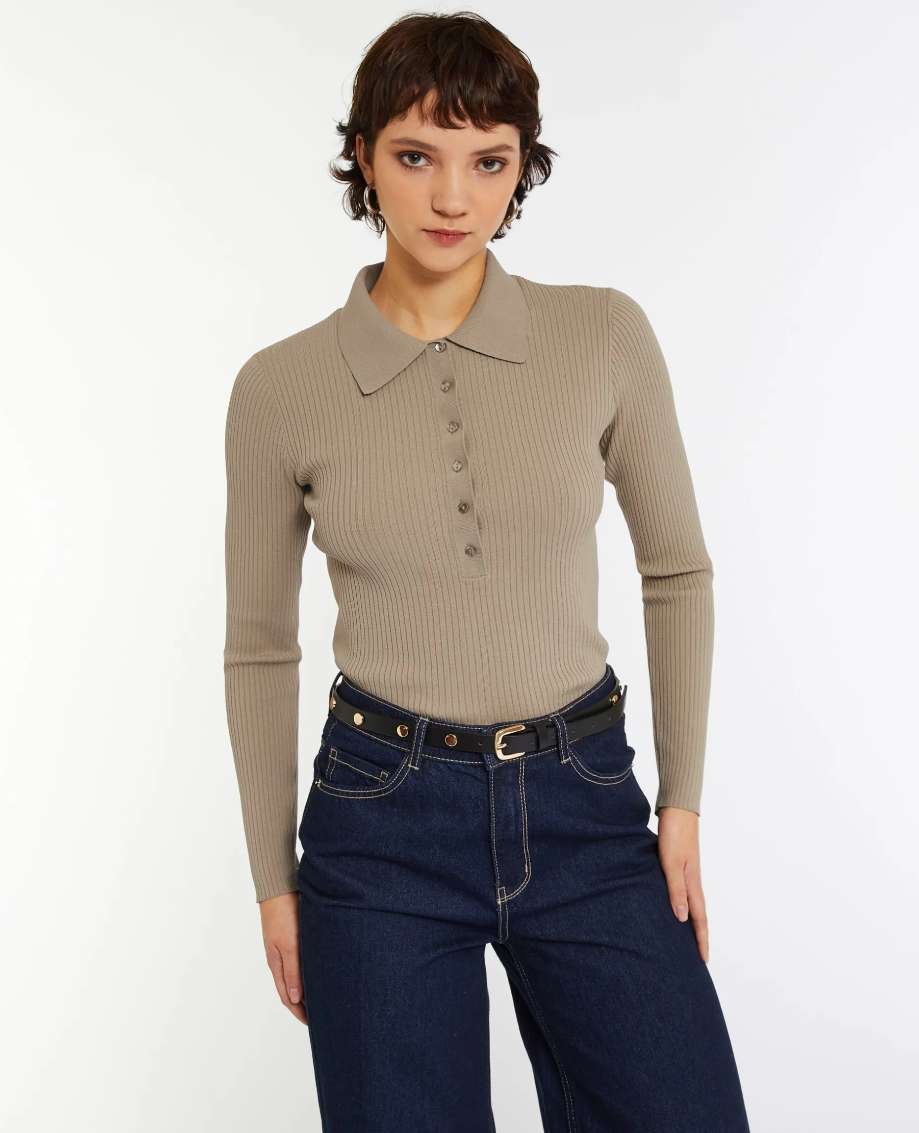 Pull Col Polo En Maille Côtelée - Beige