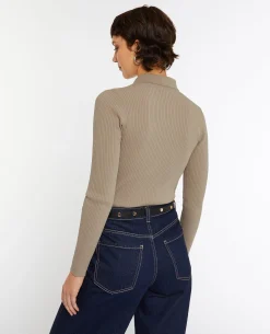 Pull Col Polo En Maille Côtelée - Beige