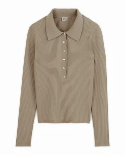 Pull Col Polo En Maille Côtelée - Beige
