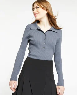 Pull Col Polo En Maille Côtelée - Gris Foncé