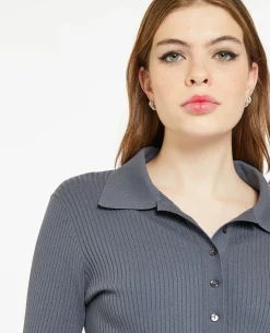 Pull Col Polo En Maille Côtelée - Gris Foncé