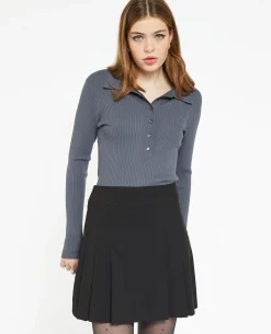 Pull Col Polo En Maille Côtelée - Gris Foncé
