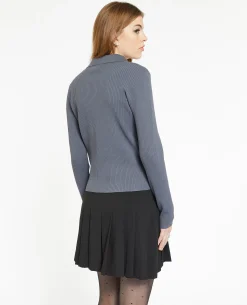 Pull Col Polo En Maille Côtelée - Gris Foncé