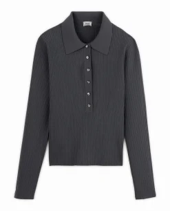 Pull Col Polo En Maille Côtelée - Gris Foncé