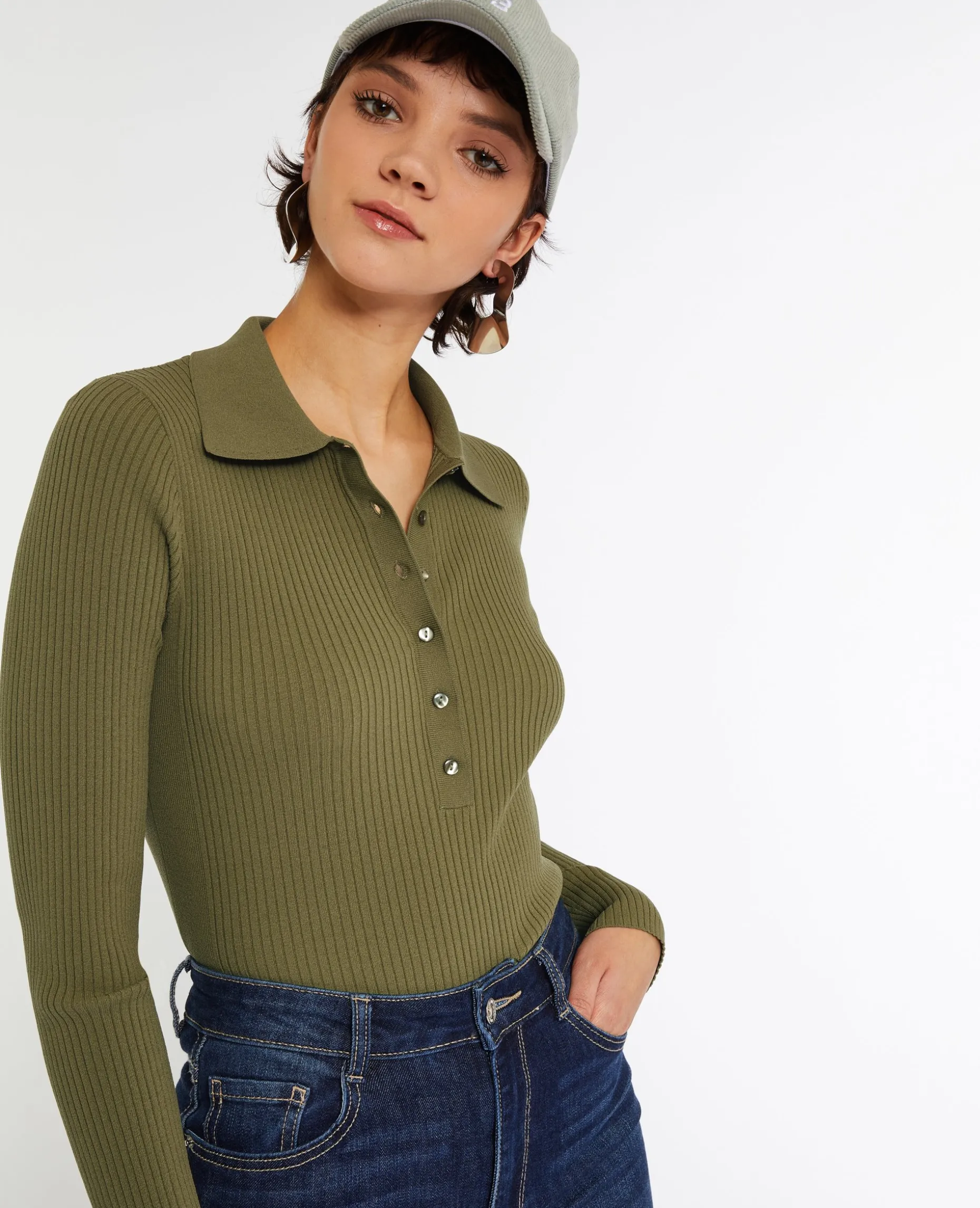 Pull Col Polo En Maille Côtelée - Vert Kaki