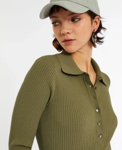Pull Col Polo En Maille Côtelée - Vert Kaki
