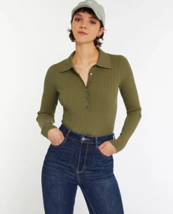 Pull Col Polo En Maille Côtelée - Vert Kaki
