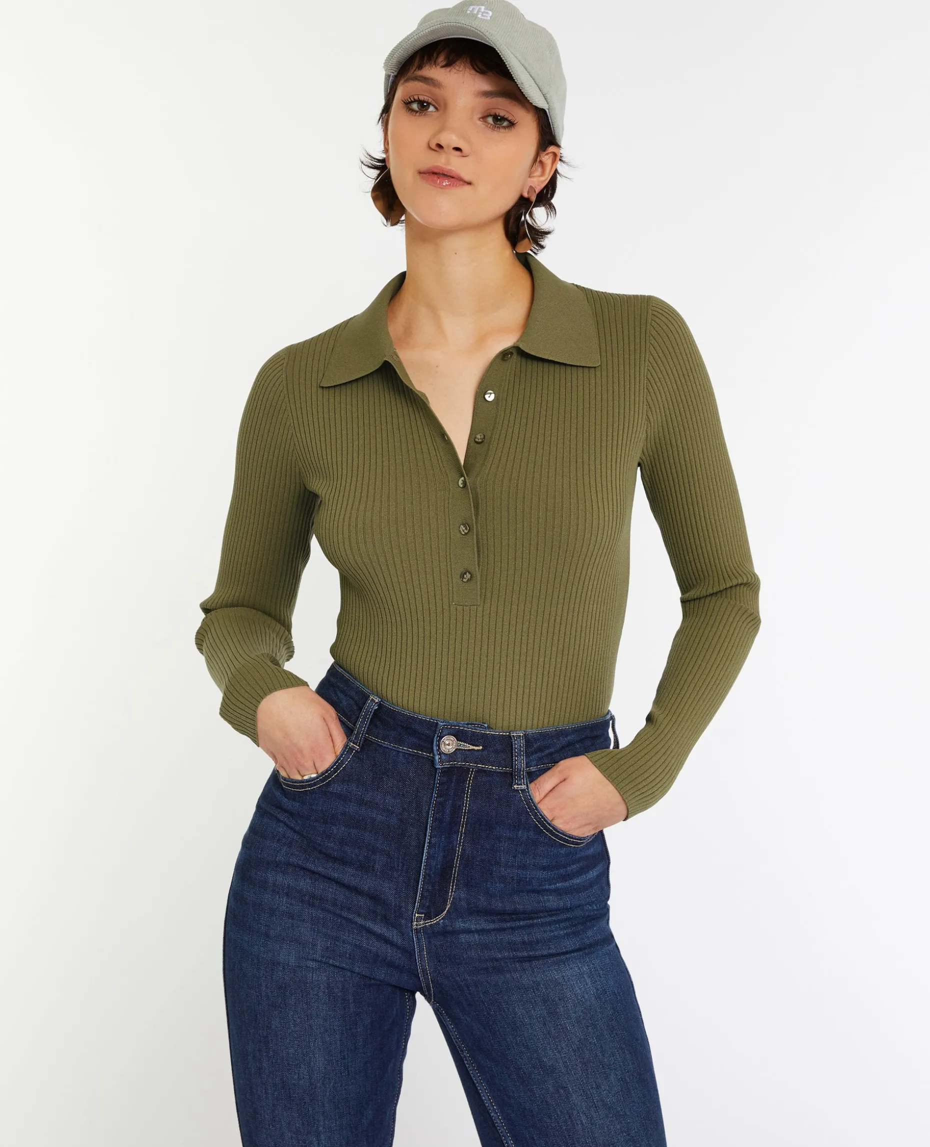 Pull Col Polo En Maille Côtelée - Vert Kaki