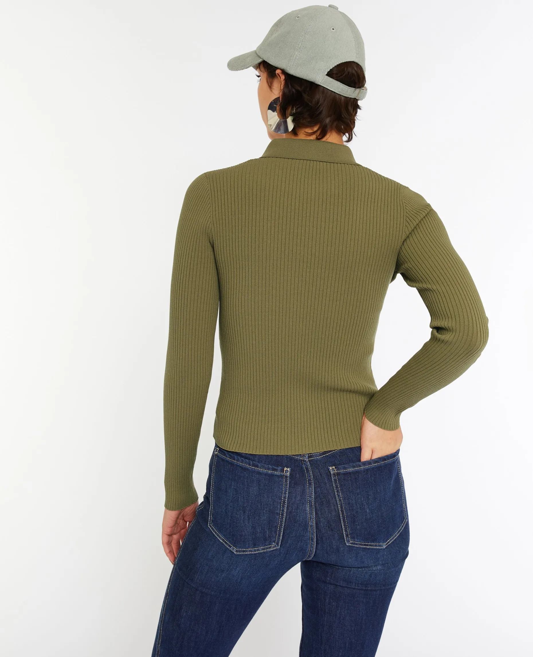 Pull Col Polo En Maille Côtelée - Vert Kaki