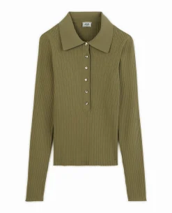 Pull Col Polo En Maille Côtelée - Vert Kaki