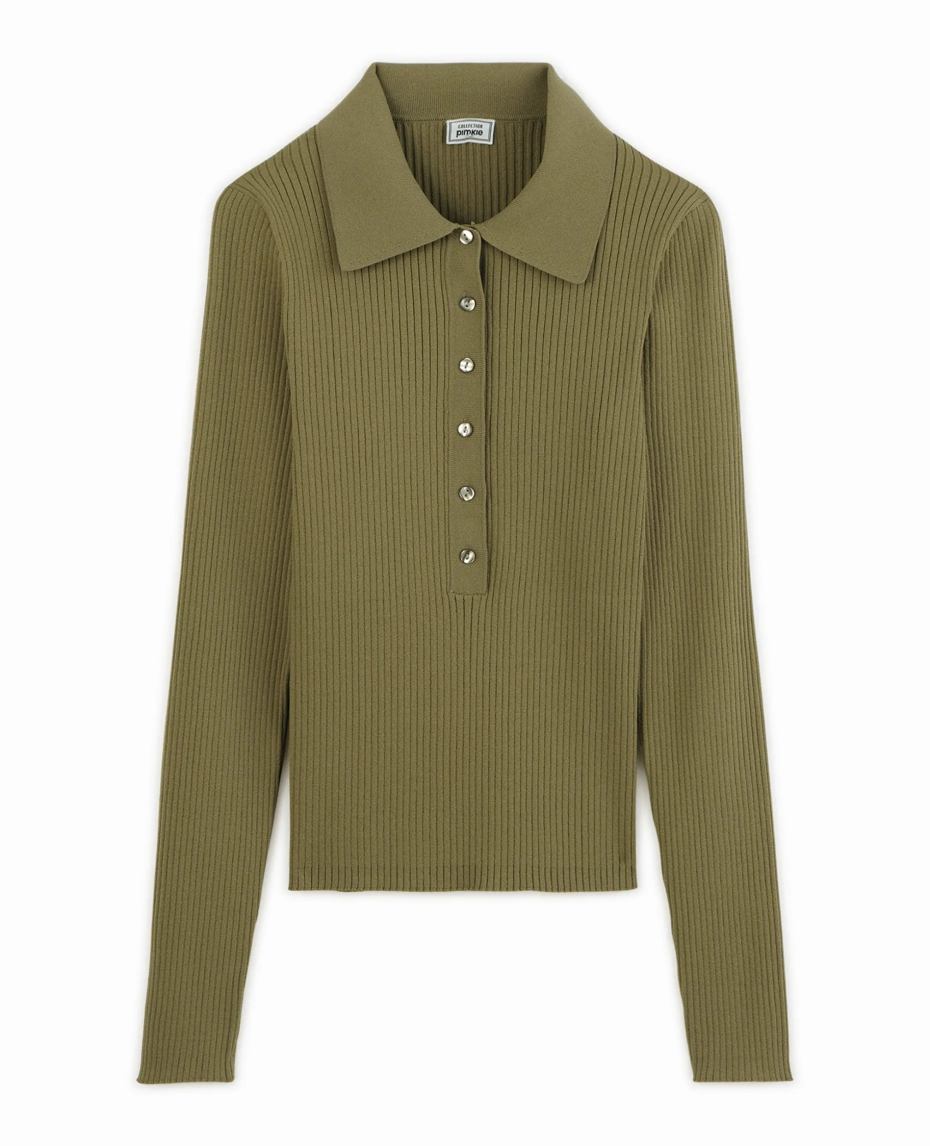 Pull Col Polo En Maille Côtelée - Vert Kaki