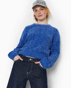 Pull Col Rond En Maille Chenille Torsadée - Bleu électrique