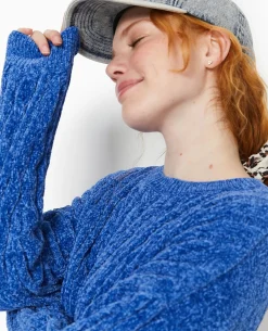 Pull Col Rond En Maille Chenille Torsadée - Bleu électrique
