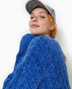 Pull Col Rond En Maille Chenille Torsadée - Bleu électrique