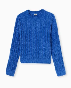 Pull Col Rond En Maille Chenille Torsadée - Bleu électrique