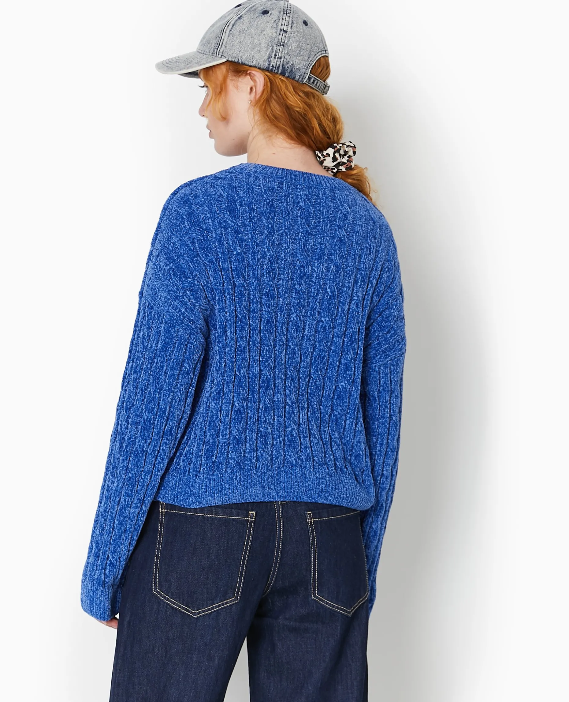 Pull Col Rond En Maille Chenille Torsadée - Bleu électrique