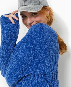 Pull Col Rond En Maille Chenille Torsadée - Bleu électrique