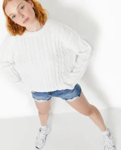 Pull Col Rond En Maille Chenille Torsadée - Blanc